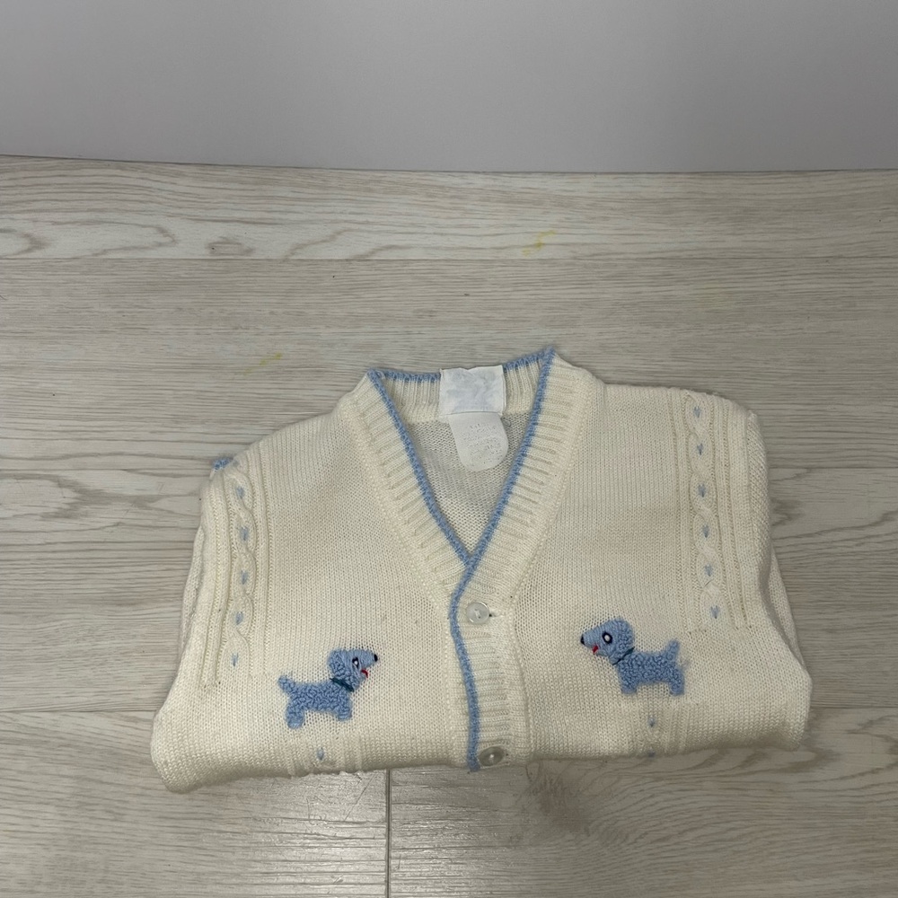 VNTG Nann-Knits Off White&Blue Dogs 9-12months Cardigan Sweater Acrylic Unisex - Picture 5 of 11